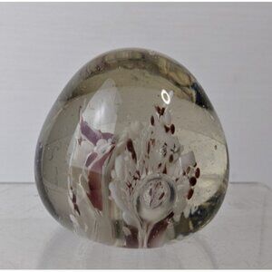 Vintage Glass Paperweight Clear w/ Bubbles Red and White Flowers India